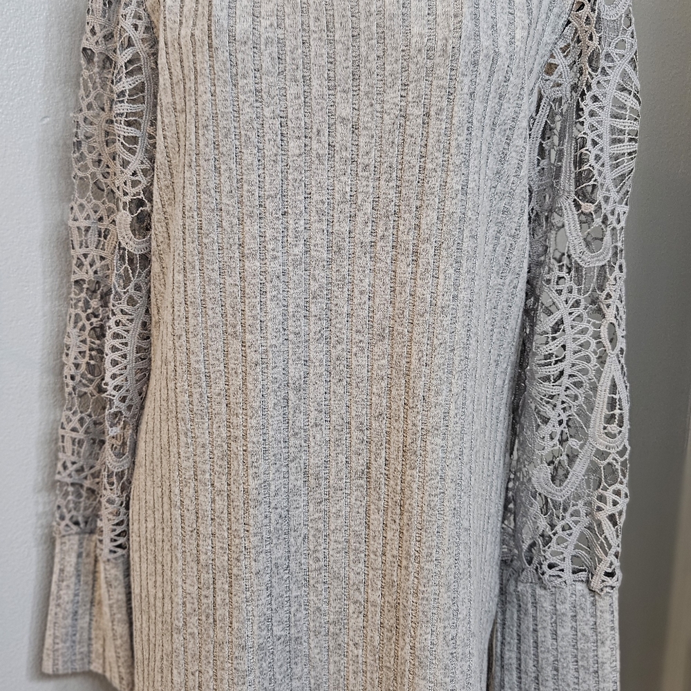 Gray and Cream Knit Sweater with Lace Sleeves